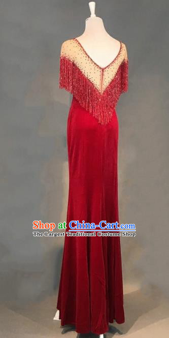 Professional Compere Wine Red Tassel Full Dress Top Grade Modern Dance Costume Princess Wedding Dress for Women