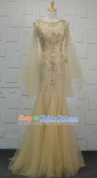 Professional Compere Golden Veil Fishtail Full Dress Top Grade Modern Dance Costume Princess Wedding Dress for Women