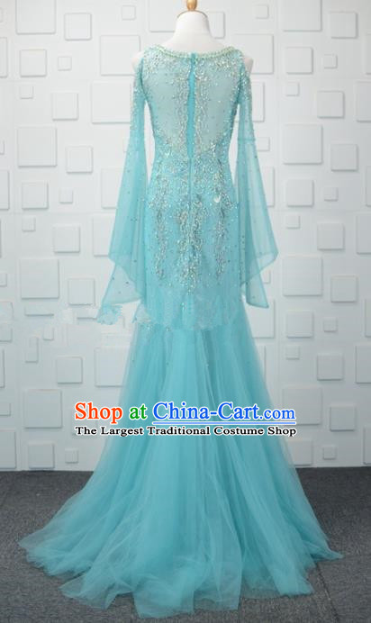 Professional Compere Blue Veil Fishtail Full Dress Top Grade Modern Dance Costume Princess Wedding Dress for Women