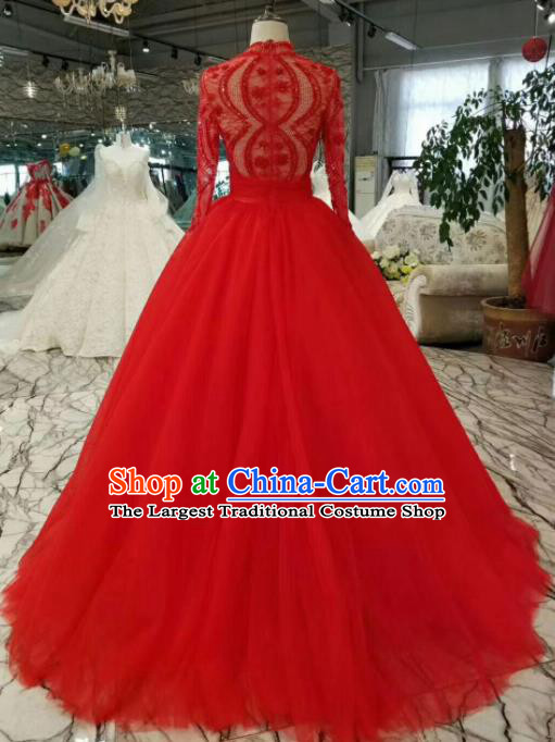 Professional Compere Costume Red Veil Full Dress Top Grade Modern Dance Princess Wedding Dress for Women