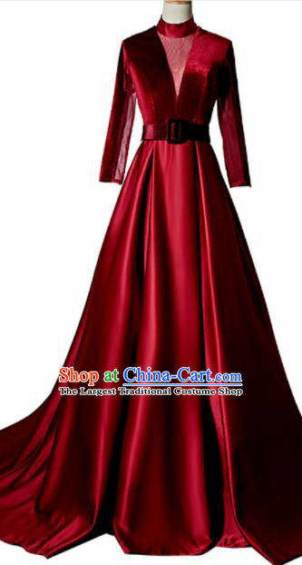 Professional Compere Costume Wine Red Trailing Full Dress Modern Dance Princess Wedding Dress for Women