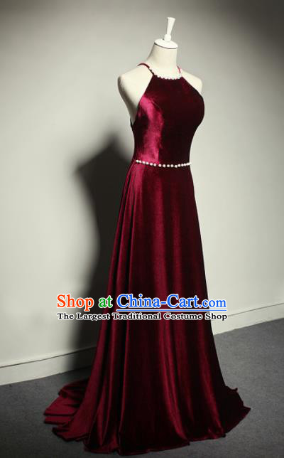 Top Grade Catwalks Wine Red Velvet Evening Dress Compere Modern Fancywork Costume for Women