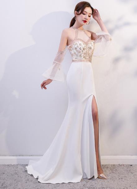Top Grade Catwalks Crystal White Evening Dress Compere Modern Fancywork Costume for Women