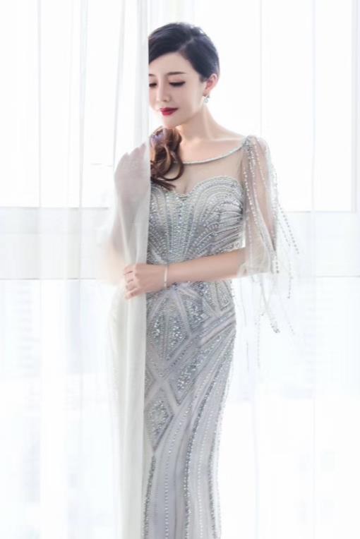 Top Grade Catwalks Grey Veil Evening Dress Compere Modern Fancywork Costume for Women