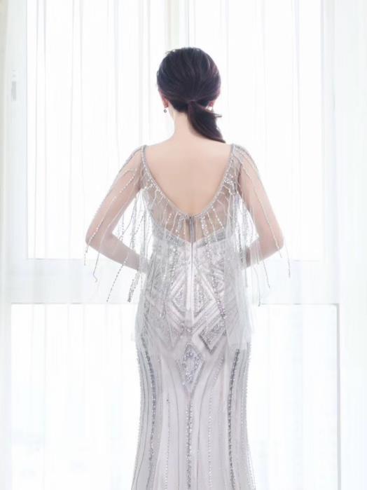 Top Grade Catwalks Grey Veil Evening Dress Compere Modern Fancywork Costume for Women