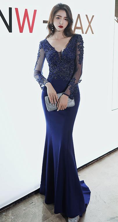 Top Grade Catwalks Royal Blue Evening Dress Compere Modern Fancywork Costume for Women