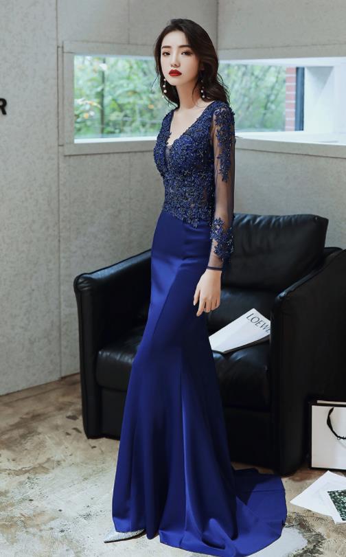 Top Grade Catwalks Royal Blue Evening Dress Compere Modern Fancywork Costume for Women
