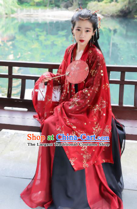 Traditional Chinese Tang Dynasty Historical Costume Ancient Princess Wedding Red Hanfu Dress for Women