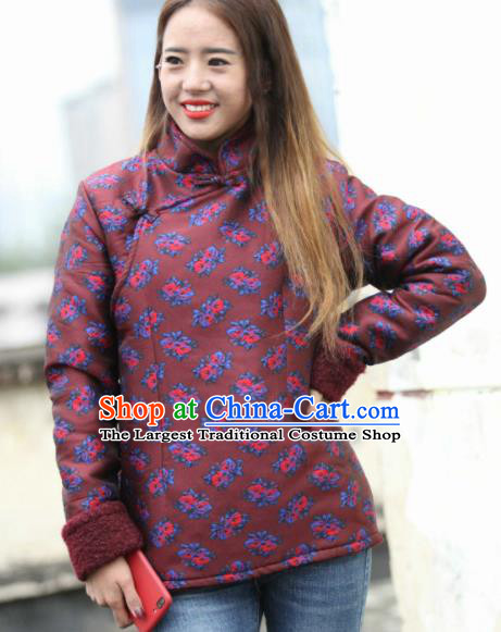 Chinese Traditional Tibetan Ethnic Dark Red Cotton Padded Jacket Zang Nationality Heishui Dance Costume for Women
