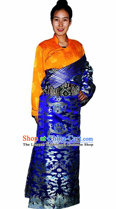 Chinese Traditional Tibetan National Ethnic Royalblue Brocade Robe Zang Nationality Costume for Women