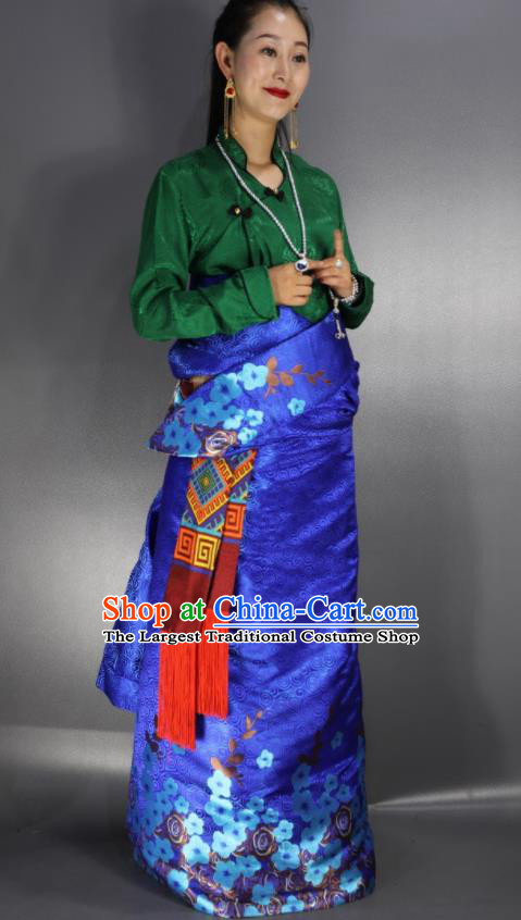 Chinese Traditional Tibetan National Ethnic Royalblue Robe Zang Nationality Wedding Costume for Women