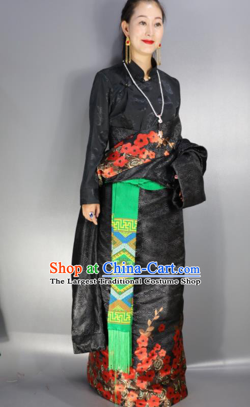 Chinese Traditional Tibetan National Ethnic Black Robe Zang Nationality Wedding Costume for Women