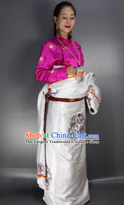 Chinese Traditional Tibetan National Ethnic Embroidered White Robe Zang Nationality Wedding Costume for Women
