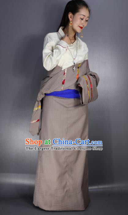 Chinese Traditional National Ethnic Khaki Tibetan Robe Zang Nationality Folk Dance Costume for Women