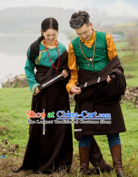 Chinese Traditional Tibetan Couple Deep Brown Robes Zang Nationality Heishui Dance Ethnic Costumes for Women for Men