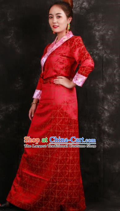 Chinese Traditional Ethnic Red Tibetan Dress Zang Nationality Heishui Dance Costume for Women