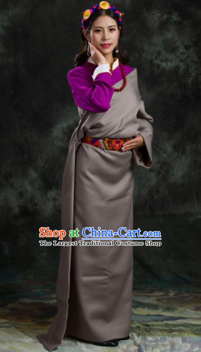 Chinese Traditional National Ethnic Grey Tibetan Robe Zang Nationality Costume for Women