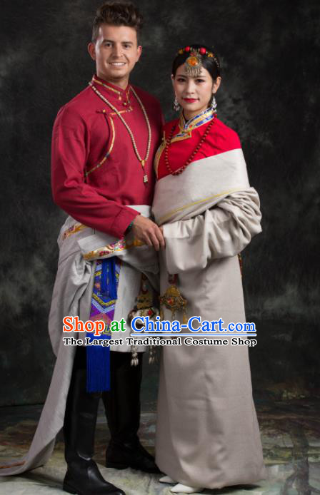 Chinese Traditional Couple Tibetan Robe Zang Nationality Ethnic Folk Dance Costume for Women for Men