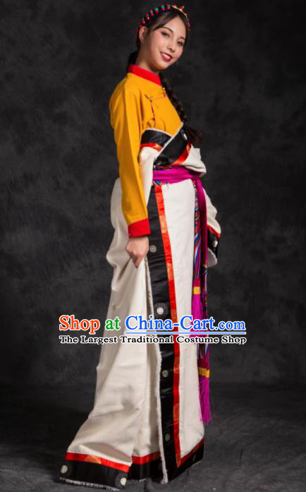 Chinese Traditional Ethnic Female White Tibetan Robe Zang Nationality Heishui Dance Costume for Women