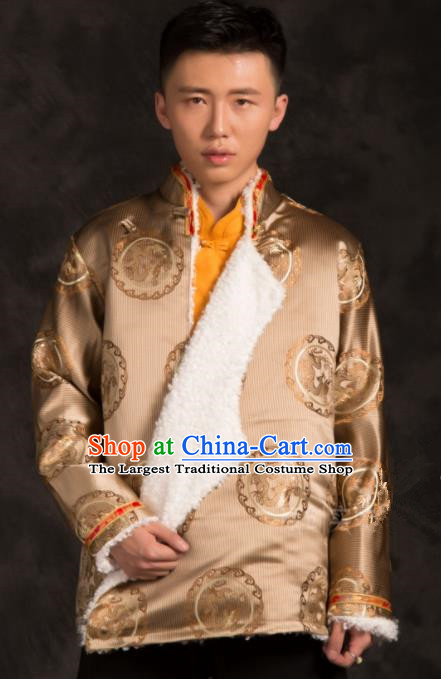 Chinese Traditional Tibetan Golden Brocade Jacket Zang Nationality Wedding Ethnic Costume for Men