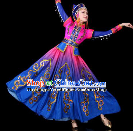 Traditional Chinese Ethnic Dance Blue Dress Mongolian Nationality Stage Performance Costume for Women