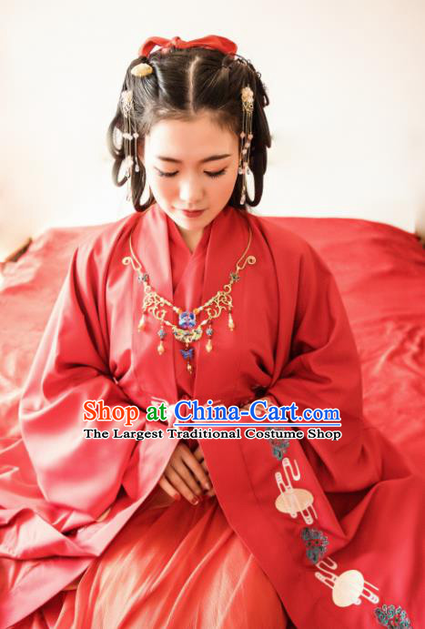 Traditional Chinese Ming Dynasty Wedding Historical Costumes Ancient Bride Red Hanfu Dress for Women