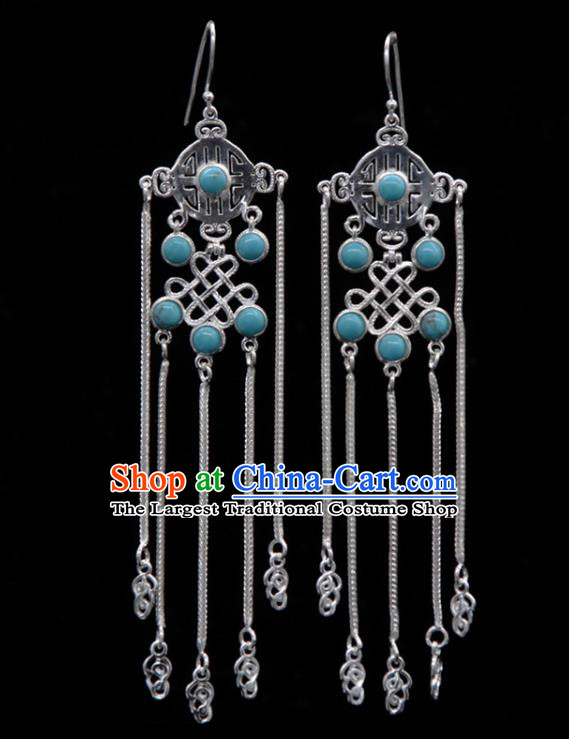 Chinese Traditional Mongolion Ethnic Blue Stone Tassel Ear Accessories Mongol Nationality Handmade Earrings for Women