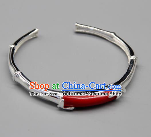 Chinese Traditional Tibetan Ethnic Red Stone Bracelet Accessories Handmade Zang Nationality Sliver Bangle for Women