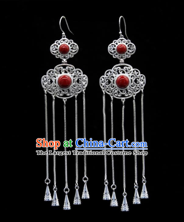 Chinese Traditional Ethnic Ear Accessories Handmade Mongol Nationality Red Stone Tassel Earrings for Women