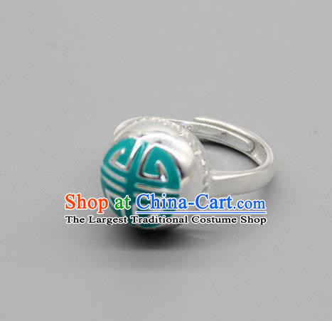 Chinese Traditional Tibetan Ethnic Green Rings Handmade Zang Nationality Sliver Finger Ring for Women