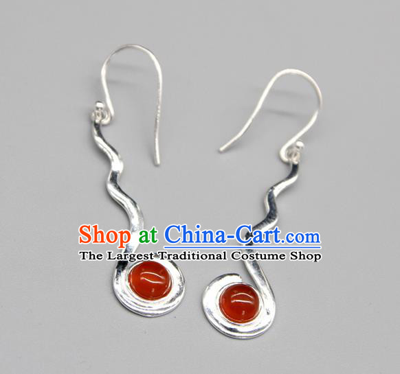 Chinese Traditional Mongolion Ethnic Agate Sliver Ear Accessories Mongol Nationality Handmade Earrings for Women