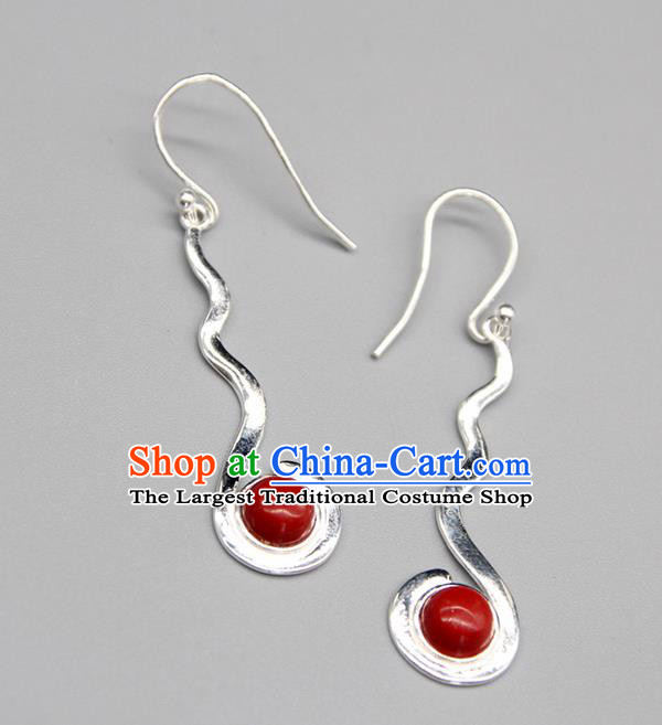 Chinese Traditional Mongolion Ethnic Red Stone Sliver Ear Accessories Mongol Nationality Handmade Earrings for Women