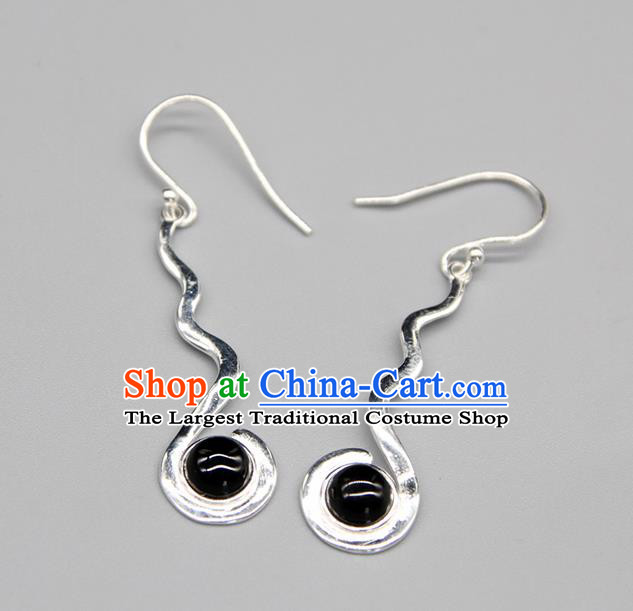 Chinese Traditional Mongolion Ethnic Black Stone Sliver Ear Accessories Mongol Nationality Handmade Earrings for Women