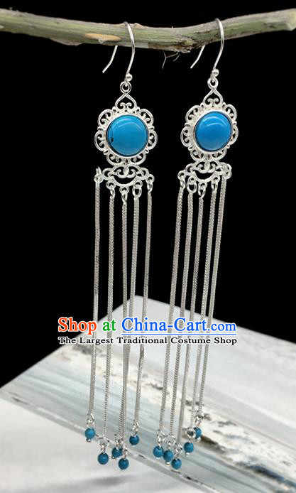 Traditional Chinese Mongolian Ethnic Blue Earring Mongol Nationality Sliver Tassel Ear Accessories for Women