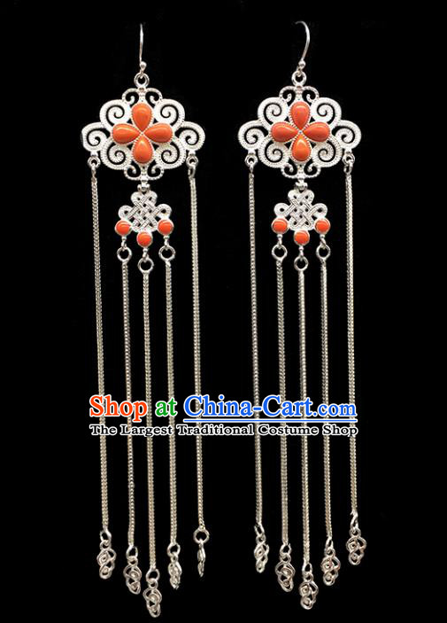 Traditional Chinese Mongolian Ethnic Sliver Tassel Earring Mongol Nationality Coral Stone Ear Accessories for Women