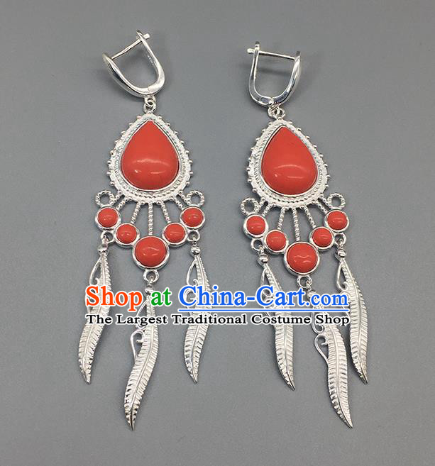 Traditional Chinese Mongolian Coral Stone Earring Mongol Nationality Ethnic Sliver Ear Accessories for Women