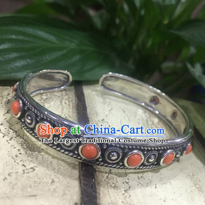 Traditional Chinese Mongolian Ethnic Carving Sliver Bracelet Mongol Nationality Coral Stone Bangle Accessories for Women