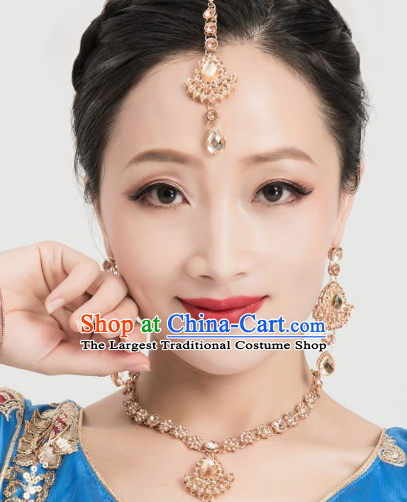 Asian India Traditional Jewelry Accessories Crystal Hair Clasp Necklace and Earrings for Women