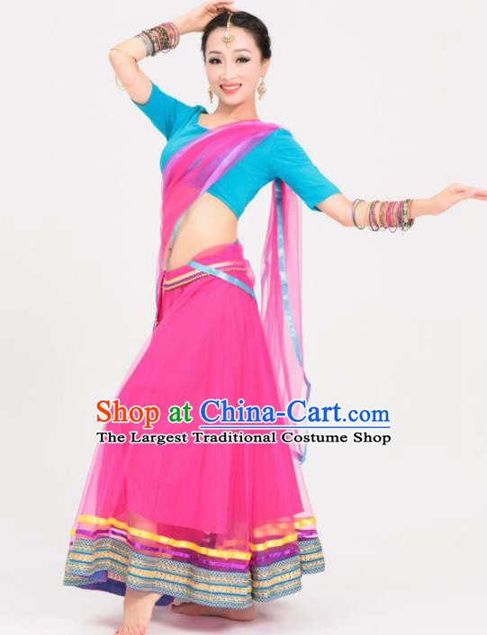 Asian India Traditional Sari Bollywood Belly Dance Costumes South Asia Indian Princess Rosy Veil Dress for Women