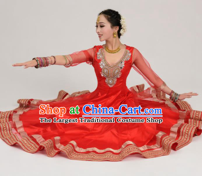 Asian India Traditional Bollywood Costumes South Asia Indian Belly Dance Red Veil Sari Dress for Women