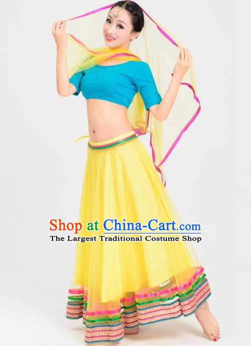 Asian India Princess Traditional Oriental Bollywood Costumes South Asia Indian Belly Dance Yellow Veil Sari Dress for Women