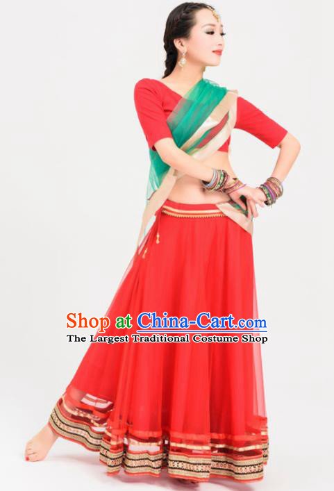 Asian India Princess Traditional Oriental Bollywood Costumes South Asia Indian Belly Dance Red Veil Sari Dress for Women
