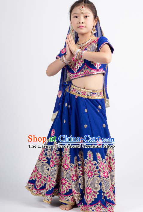 Asian India Princess Traditional Oriental Bollywood Costumes South Asia Indian Belly Dance Royalblue Sari Dress for Kids
