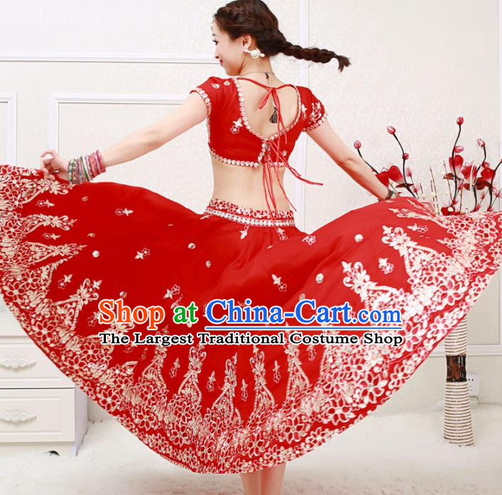 Asian India Princess Traditional Oriental Bollywood Red Costumes South Asia Indian Belly Dance Sari Dress for Women