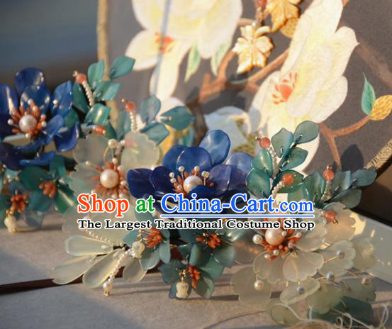 Traditional Chinese Hanfu Hair Accessories Ancient Princess Green and Blue Flowers Hairpins for Women