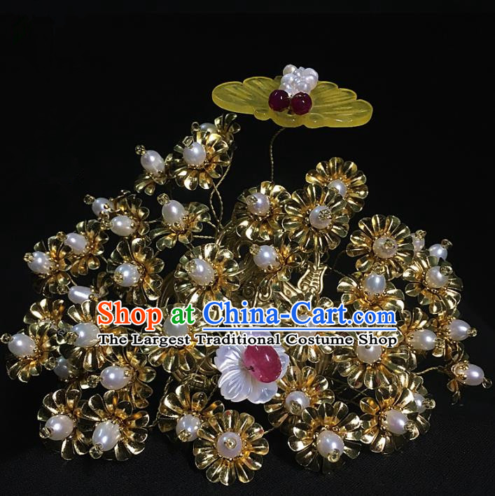 Traditional Chinese Hanfu Jade Golden Hair Crown Hair Accessories Ancient Imperial Consort Hairpins for Women