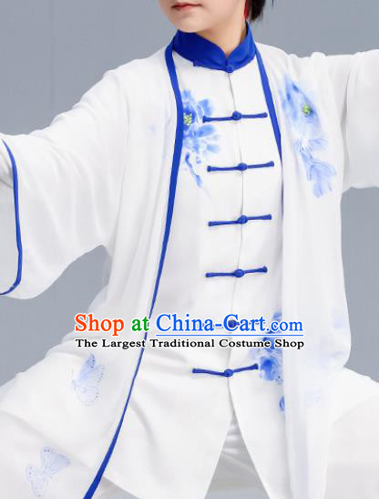 Asian Chinese Martial Arts Wushu Costume Traditional Tai Ji Kung Fu Training Printing Peony White Uniform for Women