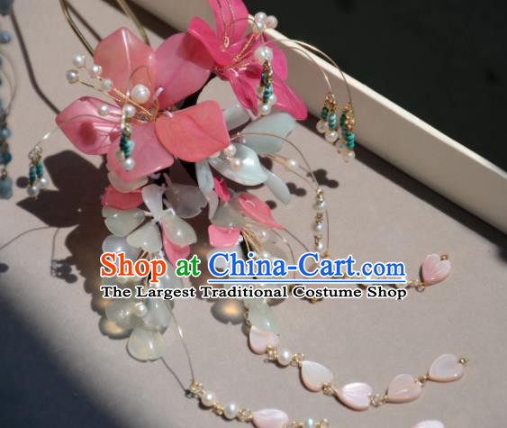 Traditional Chinese Hanfu Hair Accessories Ancient Princess Pink Flowers Tassel Hairpins for Women