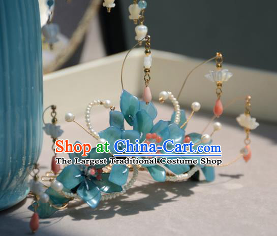 Traditional Chinese Hanfu Hair Accessories Ancient Princess Blue Flowers Hair Crown Tassel Hairpins for Women