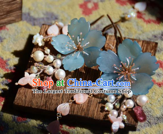 Traditional Chinese Hanfu Hair Accessories Ancient Princess Pearls Blue Flowers Tassel Hairpins for Women